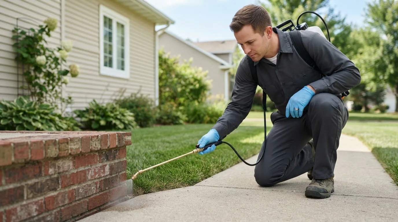 Pest control technician treating a home near Leesburg, GA